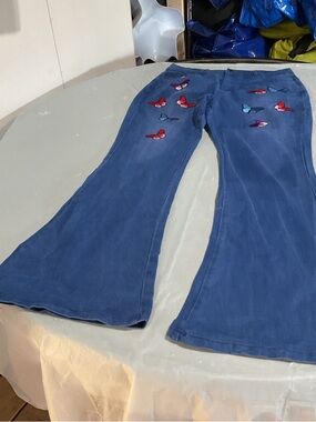 Blue Flared Pants with Colorful Butterfly Embroidery 1014